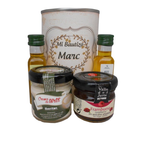 Lata con Aceite de Oliva Virgen extra, Aceite de Oliva Virgen ecológica, mermelada y queso de torta