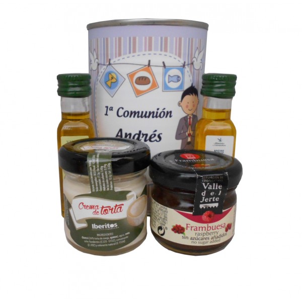 Lata con Aceite de Oliva Virgen extra, Aceite de Oliva Virgen ecológica, mermelada y queso de torta