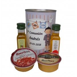 Lata con Aceite de Oliva Virgen extra, Aceite de Oliva Virgen ecológica, queso de torta y crema de jamón 2