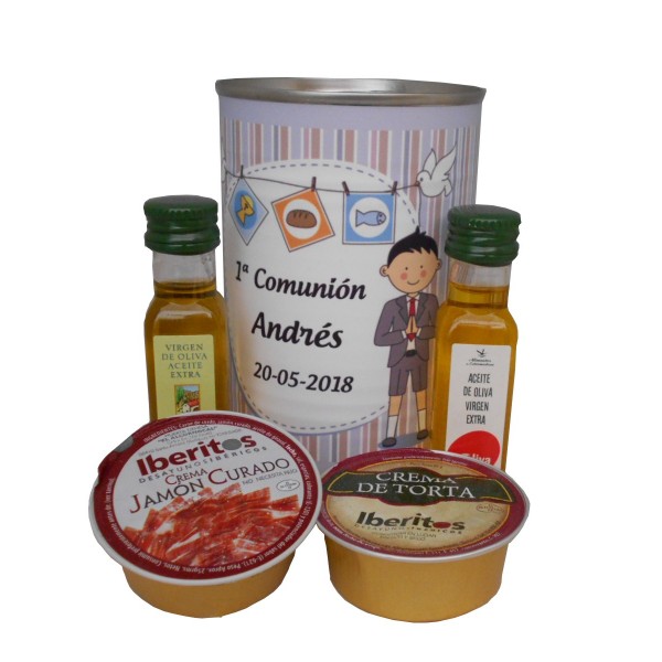 Lata con Aceite de Oliva Virgen extra, Aceite de Oliva Virgen ecológica, queso de torta y crema de jamón