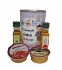 Lata con Aceite de Oliva Virgen extra, Aceite de Oliva Virgen ecológica, queso de torta y crema de jamón