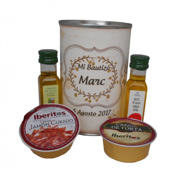 Lata con Aceite de Oliva Virgen extra, Aceite de Oliva Virgen ecológica, queso de torta y crema de jamón