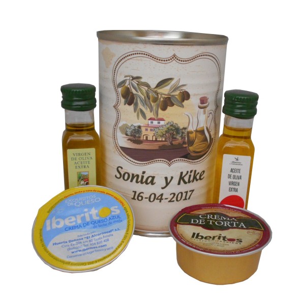 Lata con Aceite de Oliva Virgen extra, Aceite de Oliva Virgen ecológica, queso de torta y queso de cabra