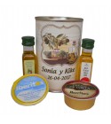 Lata con Aceite de Oliva Virgen extra, Aceite de Oliva Virgen ecológica, queso de torta y queso de cabra