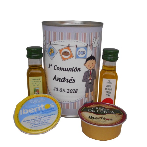 Lata con Aceite de Oliva Virgen extra, Aceite de Oliva Virgen ecológica, queso de torta y queso de cabra