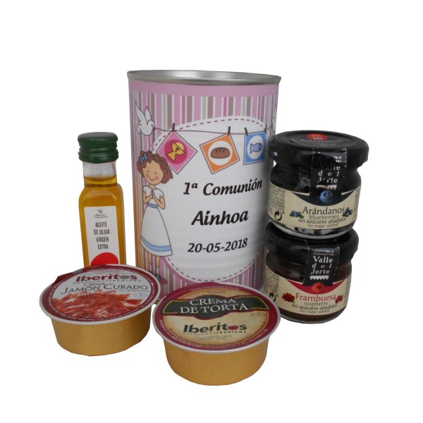 Lata con Aceite de Oliva Virgen extra, Mermelada, queso de torta y crema de jamón