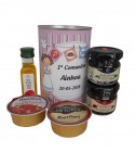 Lata con Aceite de Oliva Virgen extra, Mermelada, queso de torta y crema de jamón