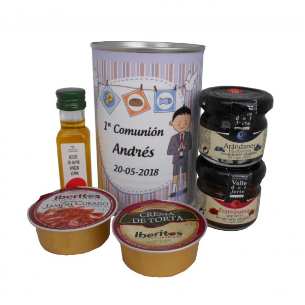 Lata con Aceite de Oliva Virgen extra, Mermelada, queso de torta y crema de jamón