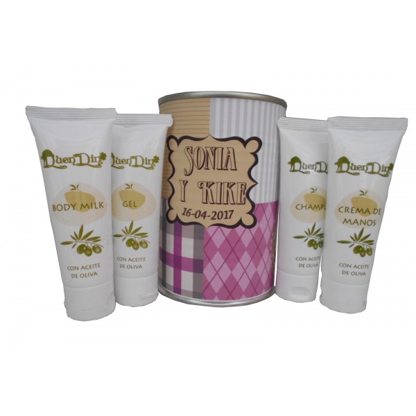 Lata cosmético con crema de manos, Body Milk, champú y gel