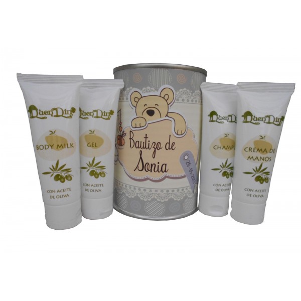 Lata cosmético con crema de manos, Body Milk, champú y gel