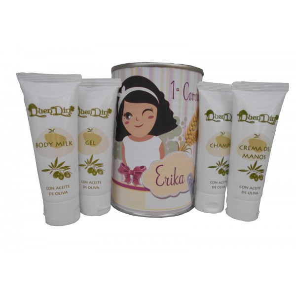 Lata cosmético con crema de manos, Body Milk, champú y gel