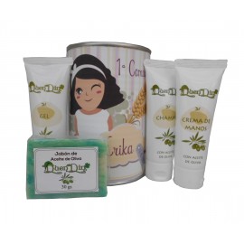 Lata cosmético con productos de Aceite de Oliva, Gel, champú, Crema de manos y pastilla de jabón 2