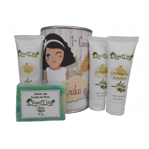 Lata cosmético con productos de Aceite de Oliva, Gel, champú, Crema de manos y pastilla de jabón