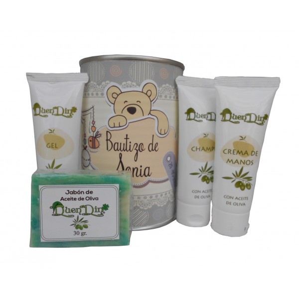 Lata cosmético con productos de Aceite de Oliva, Gel, champú, Crema de manos y pastilla de jabón