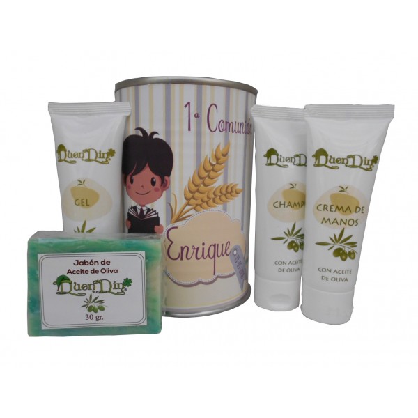 Lata cosmético con productos de Aceite de Oliva, Gel, champú, Crema de manos y pastilla de jabón