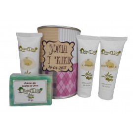 Lata cosmético con productos de Aceite de Oliva, Gel, champú, Body Milk y pastilla de jabón 2
