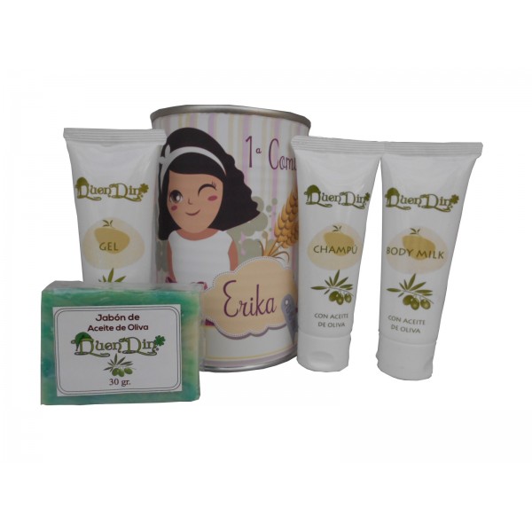 Lata cosmético con productos de Aceite de Oliva, Gel, champú, Body Milk y pastilla de jabón