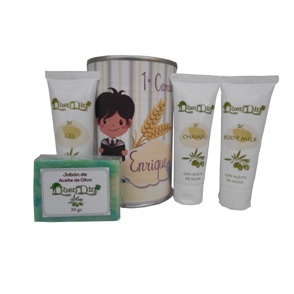 Lata cosmético con productos de Aceite de Oliva, Gel, champú, Body Milk y pastilla de jabón