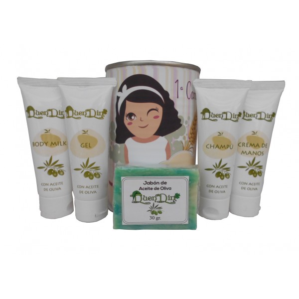 Lata cosméticos con productos de Aceite de Oliva, Gel, champú, Crema de manos, Body Milk y pastilla de jabón