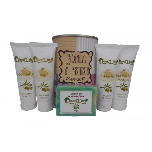 Lata cosméticos con productos de Aceite de Oliva, Gel, champú, Crema de manos, Body Milk y pastilla de jabón
