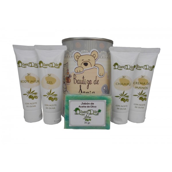 Lata cosméticos con productos de Aceite de Oliva, Gel, champú, Crema de manos, Body Milk y pastilla de jabón