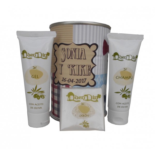 Lata cosmético con gel, champú y pastilla de jabón de Aloe Vera