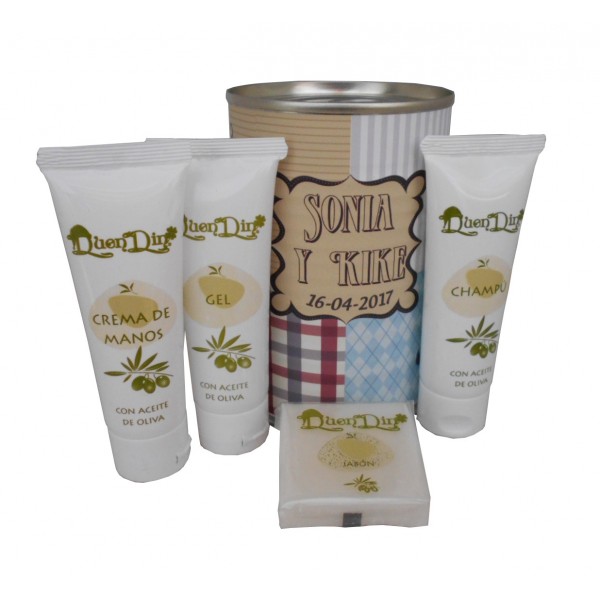 Lata cosmético con gel, champú, crema de manos y pastilla de jabón de Aloe Vera