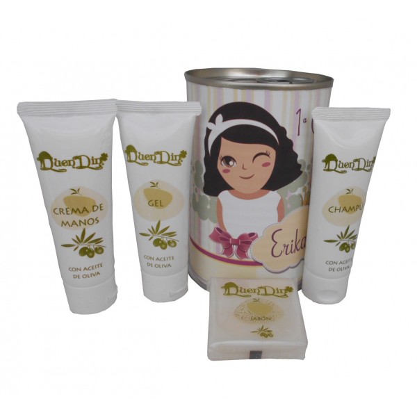 Lata cosmético con gel, champú, crema de manos y pastilla de jabón de Aloe Vera