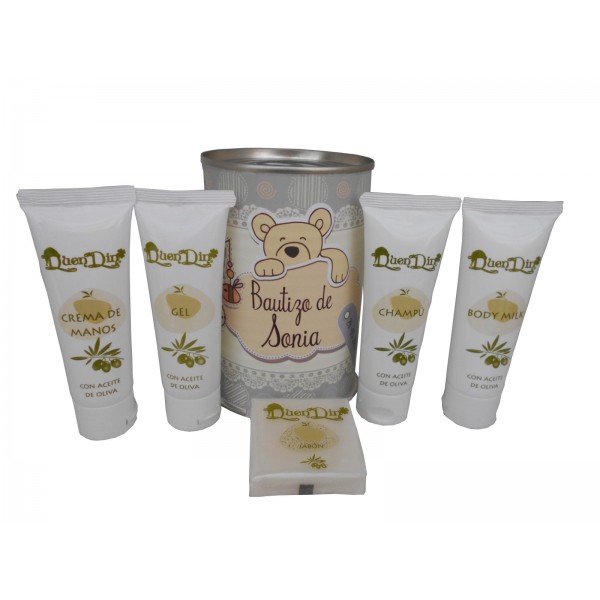 Lata cosméticos con productos de Aceite de Oliva, Gel, champú, Crema de manos, Body Milk y pastilla de jabón de Aloe Vera