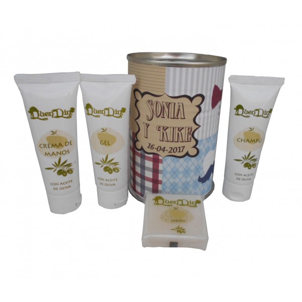 Lata cosmético con productos de Aceite de Oliva, Gel, champú, Crema de manos y pastilla de jabón de Aloe Vera