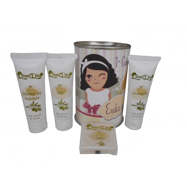 Lata cosmético con productos de Aceite de Oliva, Gel, champú, Crema de manos y pastilla de jabón de Aloe Vera