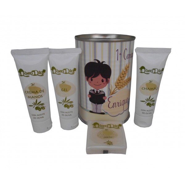 Lata cosmético con productos de Aceite de Oliva, Gel, champú, Crema de manos y pastilla de jabón de Aloe Vera