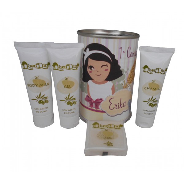 ata cosmético con productos de Aceite de Oliva, Body Milk, champú, Gel y pastilla de jabón de Aloe Vera