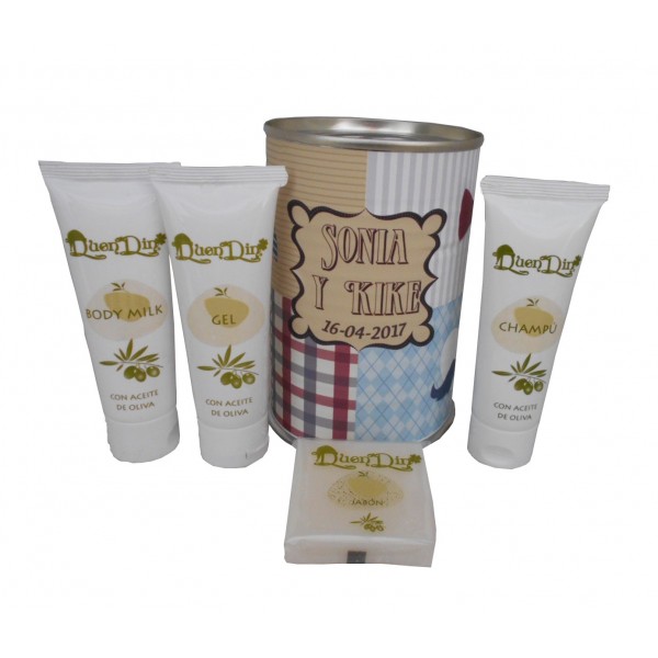 ata cosmético con productos de Aceite de Oliva, Body Milk, champú, Gel y pastilla de jabón de Aloe Vera