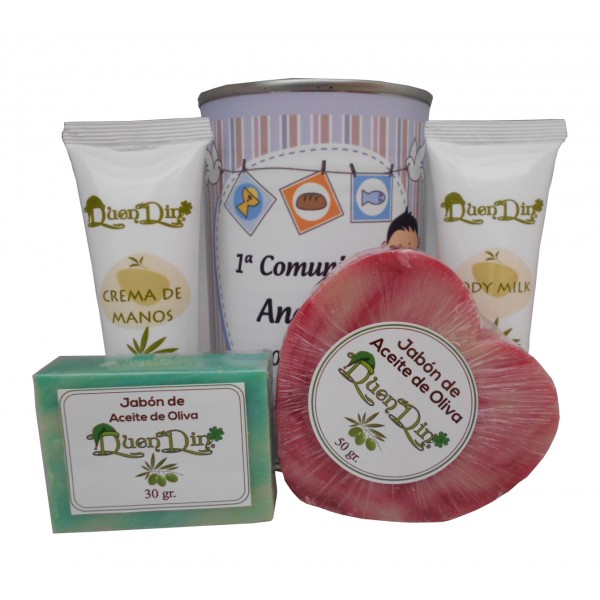 Lata de cosméticos con crema de manos, Body Milk, pastilla de jabón de aceite de Oliva y jabón Karité