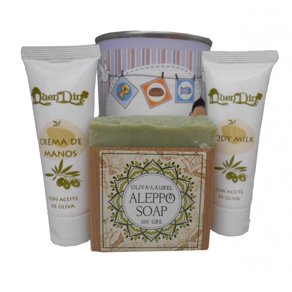 Lata de cosméticos con crema de manos, Body Milk y jabón artesano de Alepo