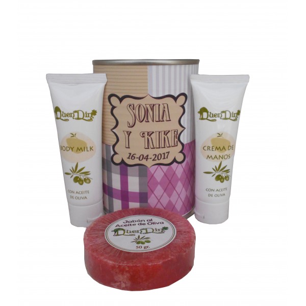 Lata de cosméticos con crema de manos, body Milk y jabón esponja