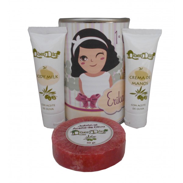 Lata de cosméticos con crema de manos, body Milk y jabón esponja