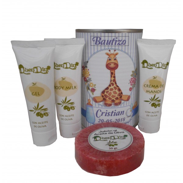 Lata de cosméticos con crema de manos, body Milk, gel y jabón esponja