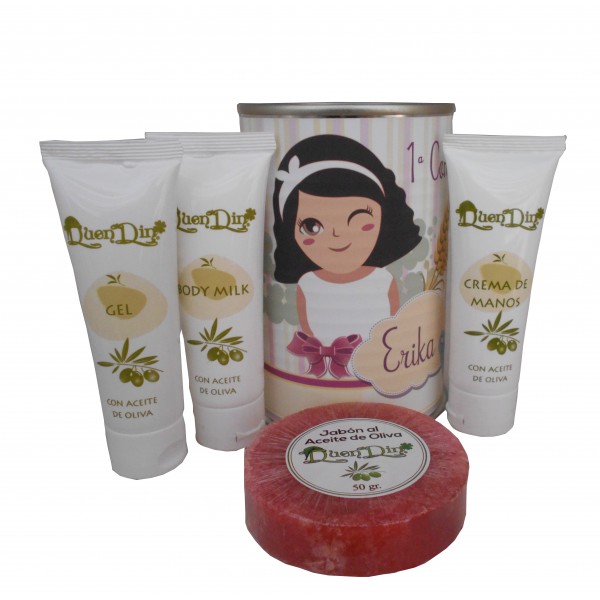 Lata de cosméticos con crema de manos, body Milk, gel y jabón esponja