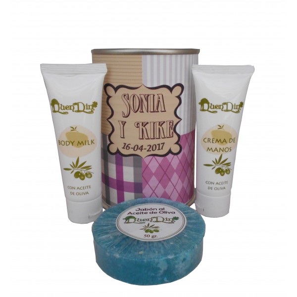 Lata de cosméticos con crema de manos, body Milk y jabón esponja marina