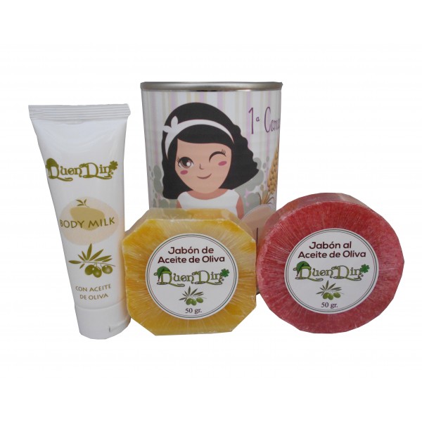 Lata de cosméticos con body Milk, jabón artesano Pomelo y jabón con esponja