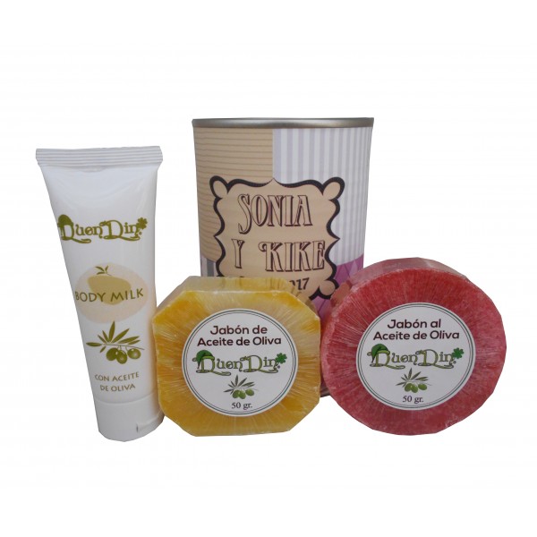 Lata de cosméticos con body Milk, jabón artesano Pomelo y jabón con esponja