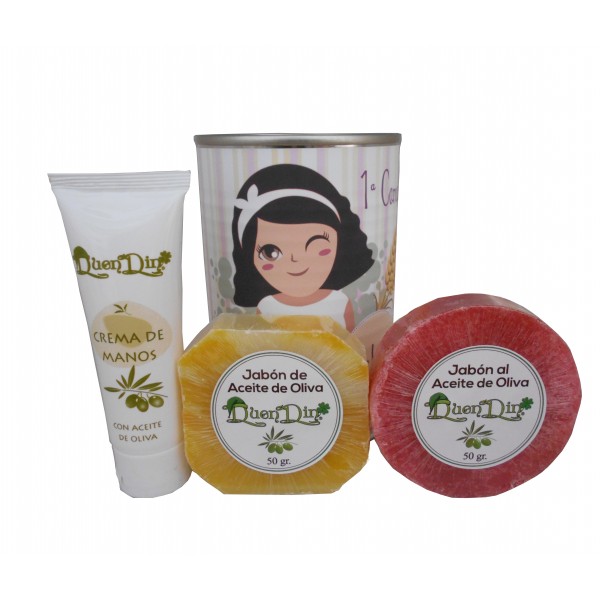 Lata de cosméticos con crema de manos, jabón artesano Pomelo y jabón con esponja