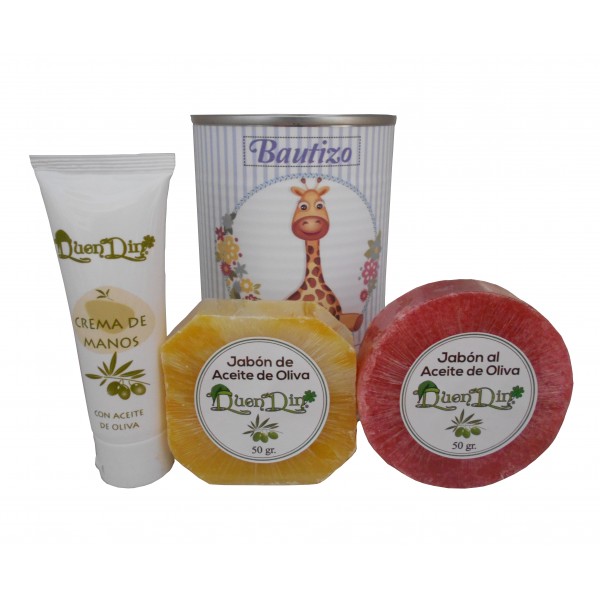 Lata de cosméticos con crema de manos, jabón artesano Pomelo y jabón con esponja