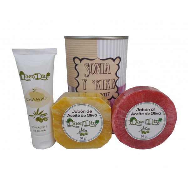 Lata de cosméticos con champú, jabón artesano Pomelo y jabón con esponja