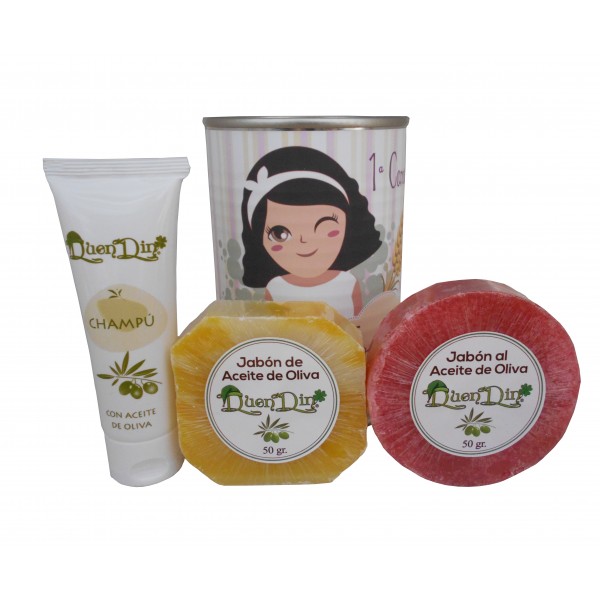 Lata de cosméticos con champú, jabón artesano Pomelo y jabón con esponja