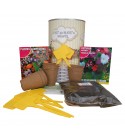 Kit de huerto infantil con semilleros, tierra turba, Petunia, flores Caspestres y marcaje de semilleros