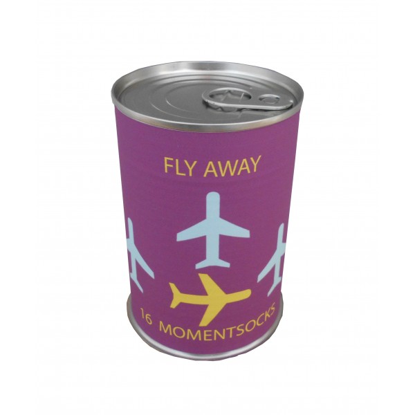 Calcetín vuela alto con frase en lata