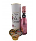 Lata con Marina Espumante rosado, Paté de atún, Paté de Bacalao con ajo y pastel de cabracho